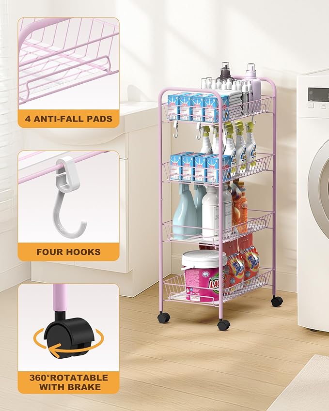 Mythinglogic 4-Tier Rolling Cart with 360° Wheels, Snack Cart, Removable Wire Baskets, Metal Utility Storage Cart for Kitchen, Bathroom, Laundry Room, Office