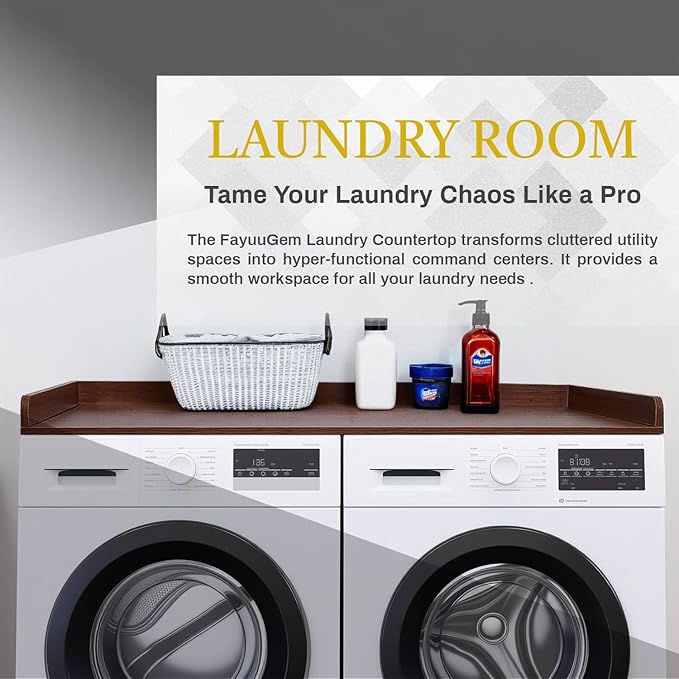 54"x27.5" Washer Dryer Countertop Cover - Laundry Room Table Top with Non-Slip Surface & Protective Edge, Fold Clothes and Detergent Organizer Shelf, Easy Assembly (Brown)
