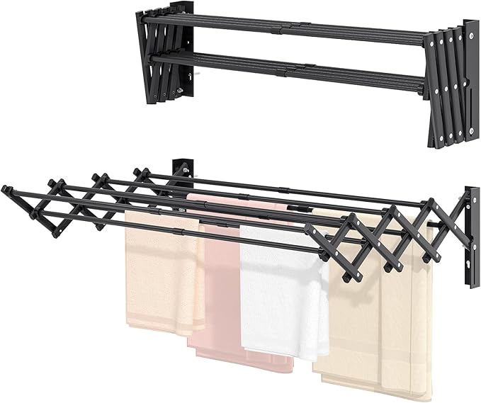 APEXCHASER Laundry Drying Rack Wall Mount - Towel Rack Collapsible, Accordion Clothes Drying Rack, Clothes Airer for Bathroom Balcony Laundry Room Wall Mounted, Drying Rack for Clothing, Black