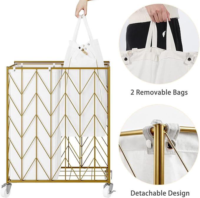 WOWLIVE Laundry Basket with Wheels, Heavy Duty Laundry Hamper with Wood Lid, Clothes Hamper with Divided Removable Liner Bag, Large Capacity Iron-Made Laundry Sorter Laundry Room Organization (Golden)