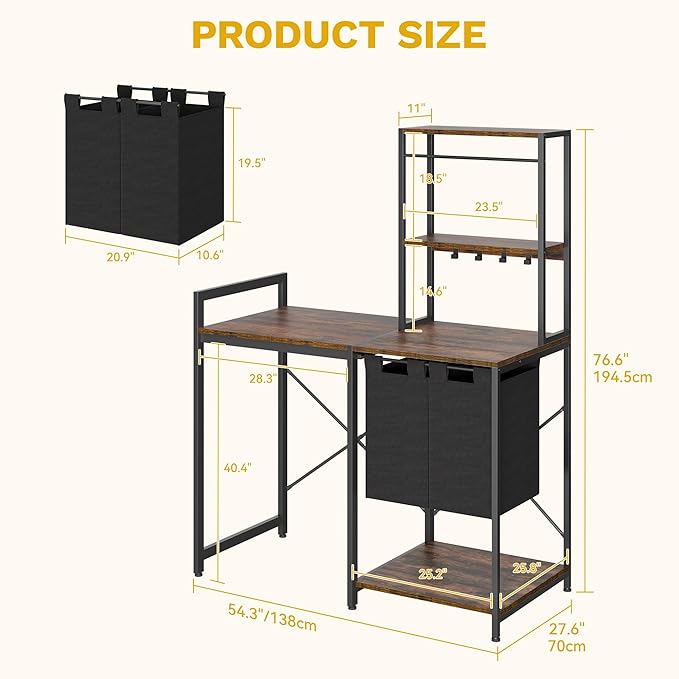 DWVO Over Washer and Dryer Shelves, Laundry Room Organization with Removable Pull-Out Hamper, Hanging Rods, Metal Hooks, Heavy-Duty Laundry Countertop with Non-Tipping Kits, Retro Color