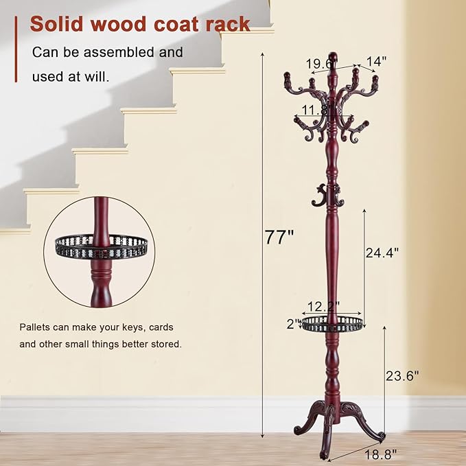 Wooden Coat rack freestanding, Coat racks stand with storage basket, Heavy duty coat tree standing with 11 Hook for Bedroom, Entryway, Hallway, Office,Stury Base (Triangle Redwood)