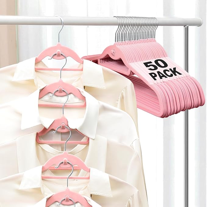 Velvet Felt Stackable Hangers 50 Pack, Non Slip, with 360°Swivel Hook, Ultra Thin and Space Saving for Suits, Shirts, Coats, 15Lbs Capacity Heavy Duty, Pink
