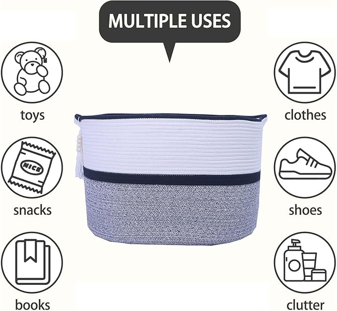 Large Woven Rope Laundry Hamper, Cotton Rope Storage Basket with Handles, Multipurpose Storage Basket for Laundry, Toys, Blankets in Bedroom, Bathroom, Living Room - Stylish & Durable (Black, 100L)