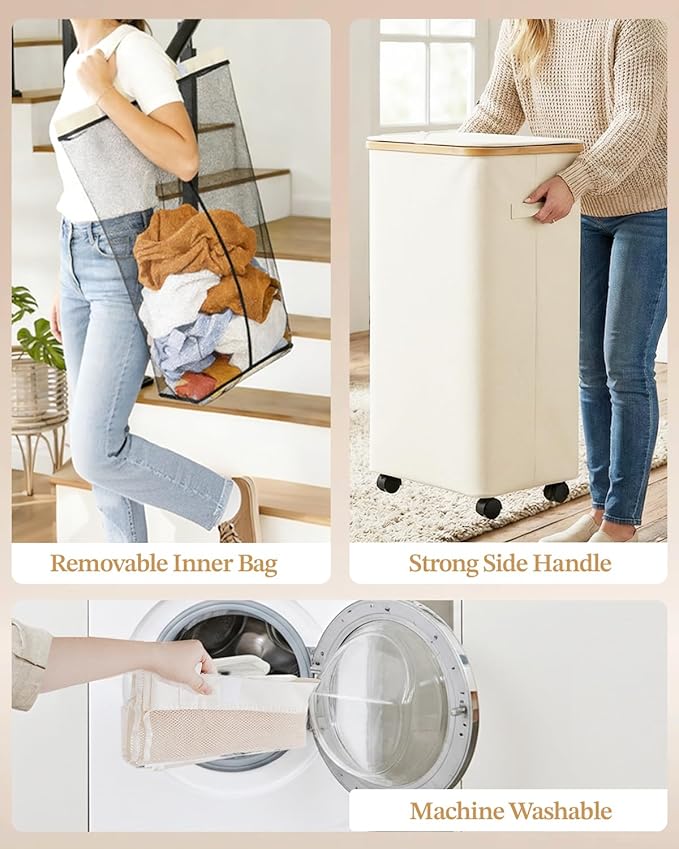 Laundry Hamper with Wheels, 75L Large Clothes Hamper with Removable Inner Bag, Collapsible Dirty Clothes Basket for Dorm, Rolling Dirty Clothes Basket for, Bedroom, Bathroom, Laundry Room