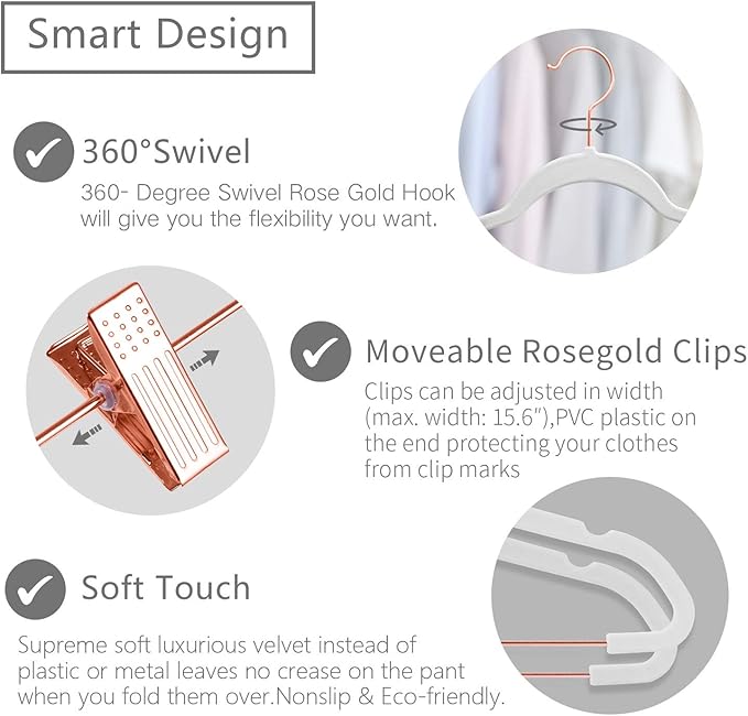 MIZGI Premium Velvet Pants Hangers with Clips (Pack of 20) Slim Skirt Hangers- Non Slip Felt Outfit Dress Hangers White - Copper/Rose Gold Hooks,Space Saving Shirt Clothes Hangers