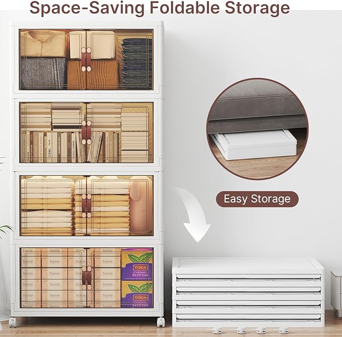 Extra Large Stackable Storage Bins, Lockable Storage Bins with Lids, Folding Storage box with Doors and Wheels, Collapsible Plastic Drawers for Home, Garage, Office (8, White, Large)
