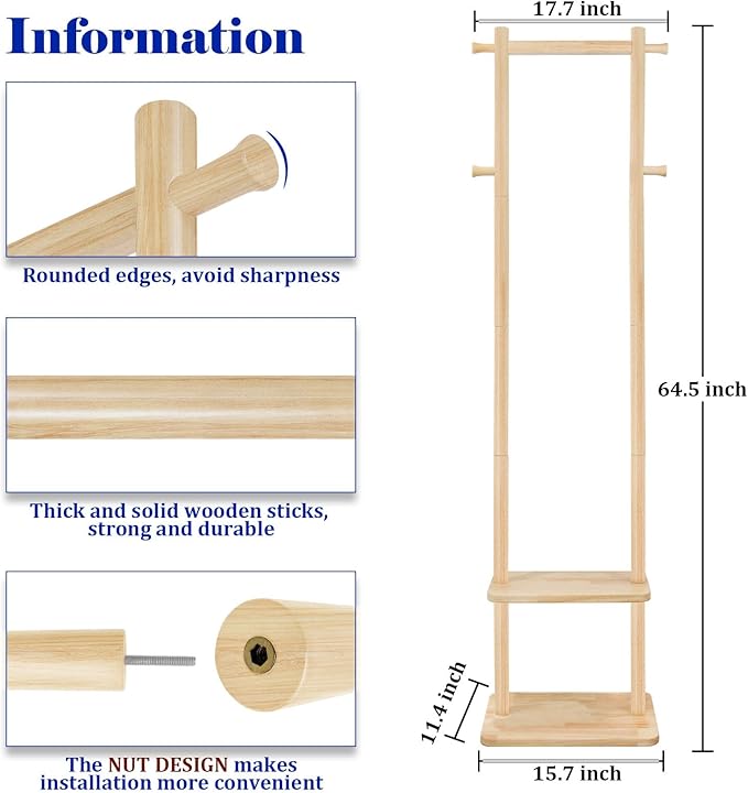 Wooden Coat Rack Freestanding,Hall Tree with Sturdy Base,Clothing Rack for Hanging Clothes,Small Clothes Rack with 3 Storage Shelves,Space Saving for Entryway, Hallway, Bedroom (Natural)