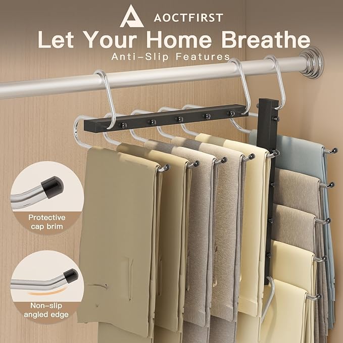 4 Pack Pants Hangers Space Saving - Closet Organizer and Storage Jean Hangers, Stainless Steel Clothes Hanger Scarf Holder for Pants Jeans Leggings Trousers Pant Rack, Black