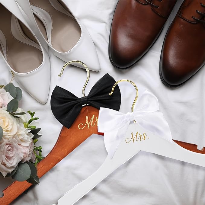2 Pcs Bride Hanger for Wedding Dress Bride and Groom Wooden Wedding Dress Hanger Set with Bow Tie for Tuxedo Suit Gift Bridal Party Shower