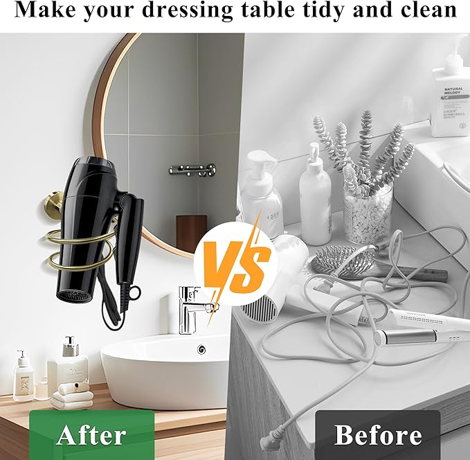 Wall Mounted Hair Dryer Holder,Bronze Finish Bathroom Hair Tool Organizer for Bathroom-Gold