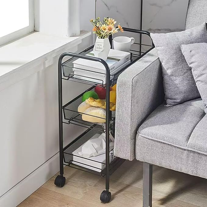 3 Tier Rolling Cart for Bathroom - Lightweight Metal Wire Storage Organizer with Wheels, Holds Toiletries & Cosmetics, Tool-Free Assembly, Black