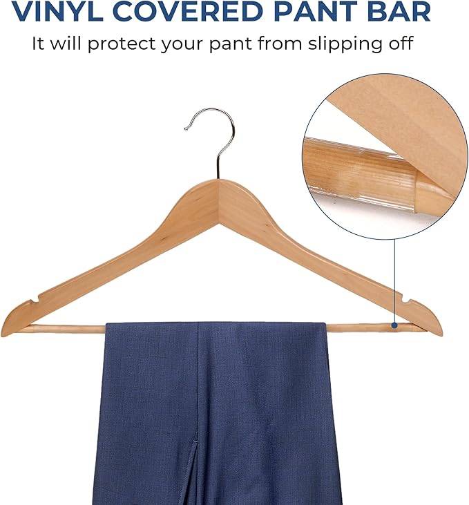 JS Hanger Wooden Coat Hangers, 20 Pack High Grade 17.5 Inch Wood Suit Hangers with Non Slip Pant Bar - Extra Smooth and Splinter Free Natural Finish