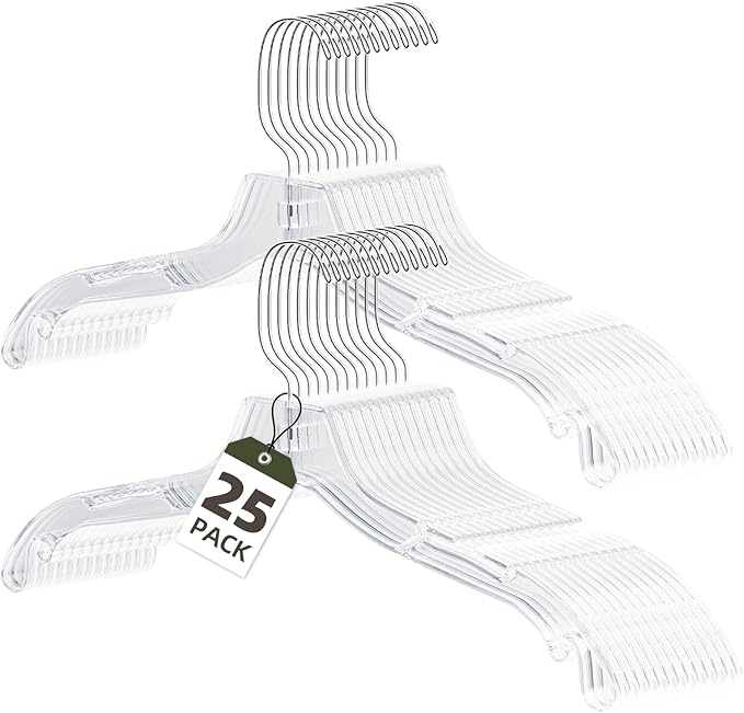 Clear Plastic Hangers 25 Pack, Heavy Duty Clothes Hangers with 360° Swivel Hook, 2.1" Ultra-Wide Non-Slip Notches & Non-Slip Grips for Dresses, Shirts, Coats, Suits