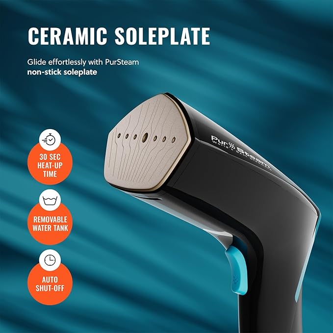 PurSteam Handheld Garment Steamer for Clothes – Powerful Wrinkle Remover with 3 Steam Settings, Large Removable Water Tank, and Fast Heat-Up – Portable Fabric Steamer for Home & Travel (Pack of 2)