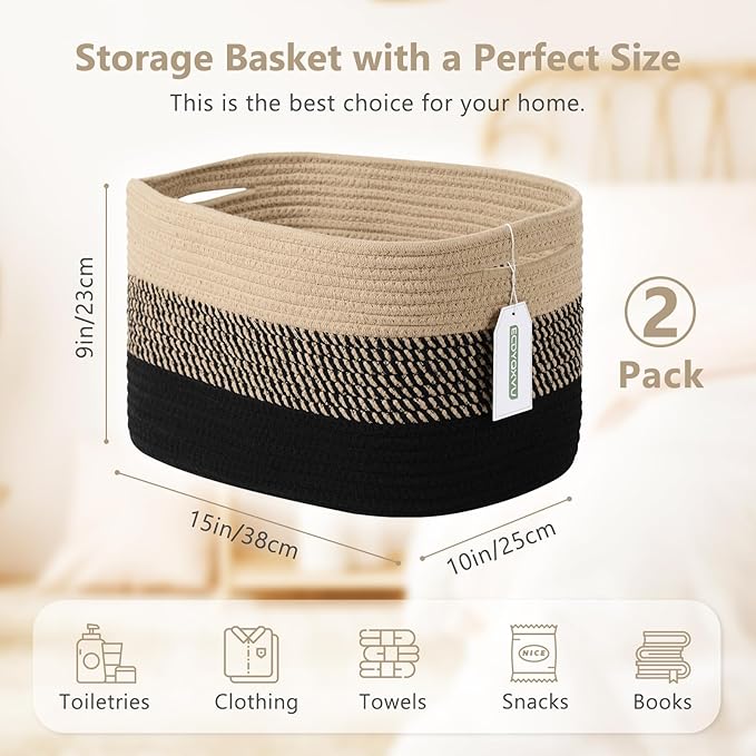 Cotton Rope Storage Basket, 15x10x9 Inches, Woven Basket for Shelves, Clothes, Towels, Books, and Laundry, Gradient Black/Brown (2 Pack)