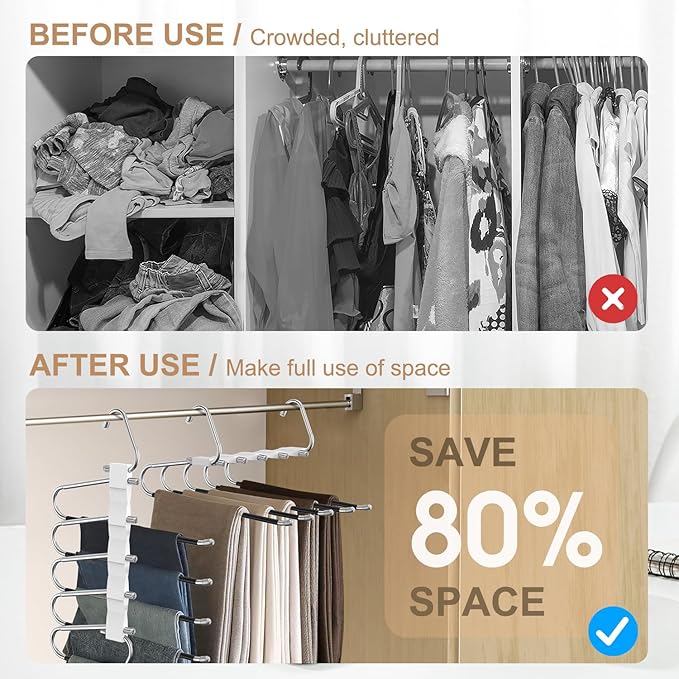 4 Pack Pants Hangers Space Saving, Anti-Slip Multi-Functional Pants Rack, Thickened Stainless Steel Tube Two Hanging Modes Suitable for Jeans Trousers Skirts Scarf-White