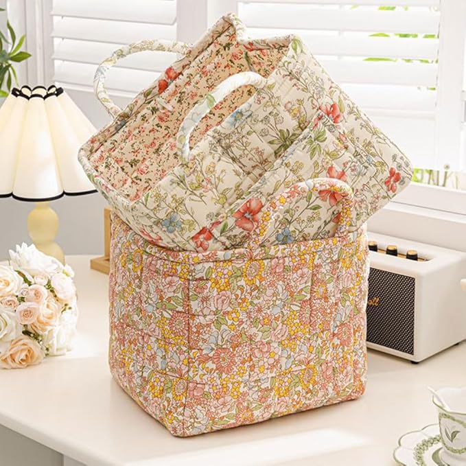 Quilted Fabric Basket Car Storage Basket Boho Floral Laundry Hamper for Nursery Bedroom & Living Room | Organize Clothes Toys