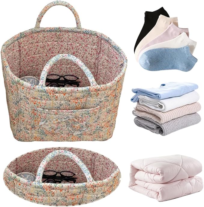 Quilted Fabric Storage Basket Boho Floral Laundry Baskets with Handles Collapsible Quilted Soft Basket for Car, Clothes, Toys Storage