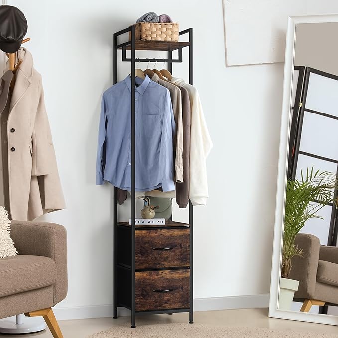 smusei Garment Rack 3 Tiers Clothes Rack Heavy Duty with Fabric Drawers and Storage Shelves Freestanding Closet Organizer Stand Small Coat Rack for Bedroom Entryway Living Room