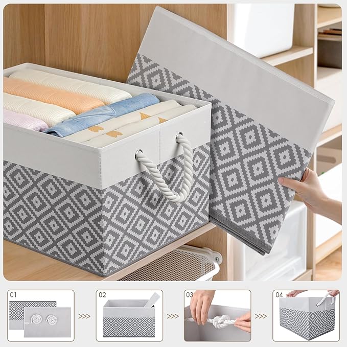 Storage Bins, 2-Pack Large Storage Box with Rope Handles, Collapsible Storage Basket for Organizing Books, Clothes, Rhombic Grey