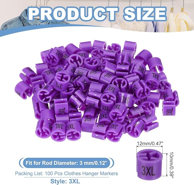 PATIKIL 100 Pcs Clothes Hanger Markers, 3XL Size Tags Fit 3mm Rod Garment Size Hanger Clips Color Coding Label for Clothing Hangers, Dark Purple