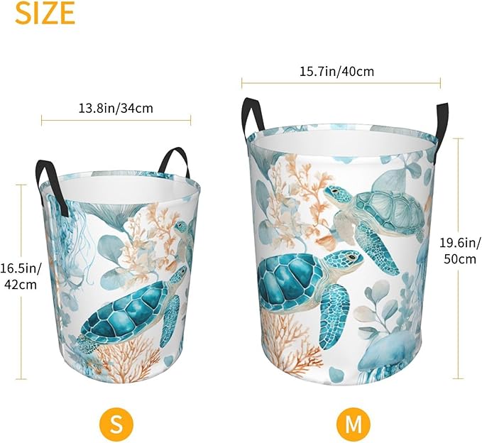 Sea Turtle Ocean Laundry Hamper, Collapsible Storage Basket with Handles for Clothes, Bedroom, Bathroom 19.6 x15.7 Inch