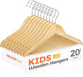 HOUSE DAY Wooden Baby Hangers for Closet 20 Pack, Kids Wooden Hangers for Baby Clothes, Heavy Duty Wood Toddler Coat Hanger with Non Slip Pant Bar, 360° Swivel Hook, Shoulder Notches, Natural