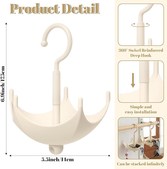 White Umbrella Hook Hanger - 2Pcs Christmas Gift Key Belt Bra Hanger Holder Stackable Closet Organizer for Bag Purse Scarves Hat, 360° Rotating Space Saving Hooks for Home Kitchen Bathroom