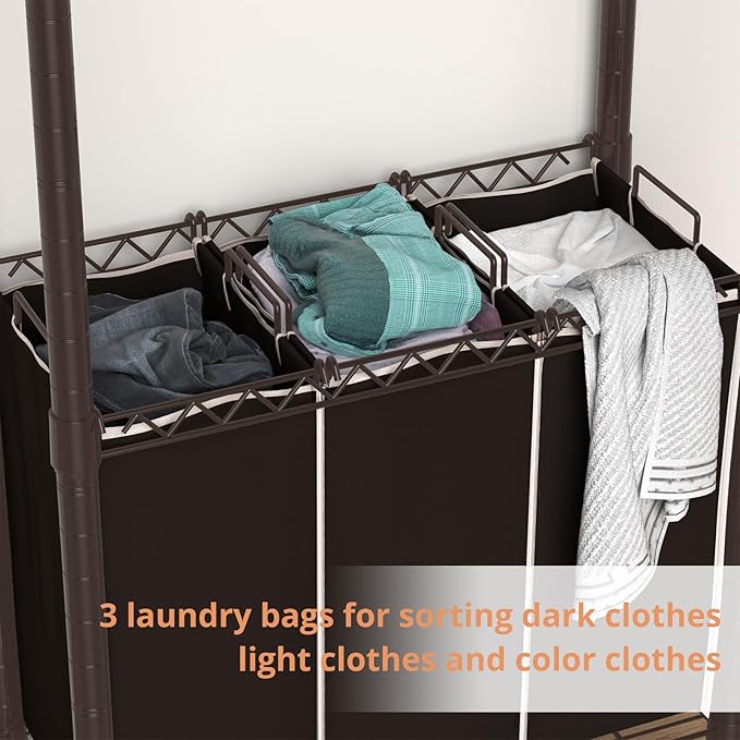 3-Section Laundry Sorter With Hanging Bar, Rolling Hamper Cart, Basket Organizer, Hanging Rack, Lockable Wheels and Removable Bags for Clothes Storage, Espresso