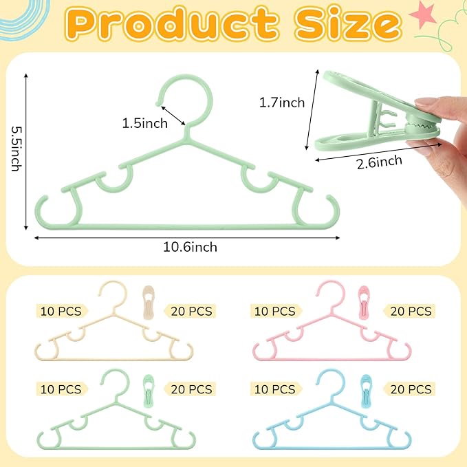 Hsei 5/10/40 Pack Baby Hangers with 10/20/80 Clips, Plastic Kids Pants Hangers for Nursery Closet Top and Bottom Clothes Hanger Set for Newborn Infant Toddler(120 Packs Total,Multicolor,10.6 Inch)