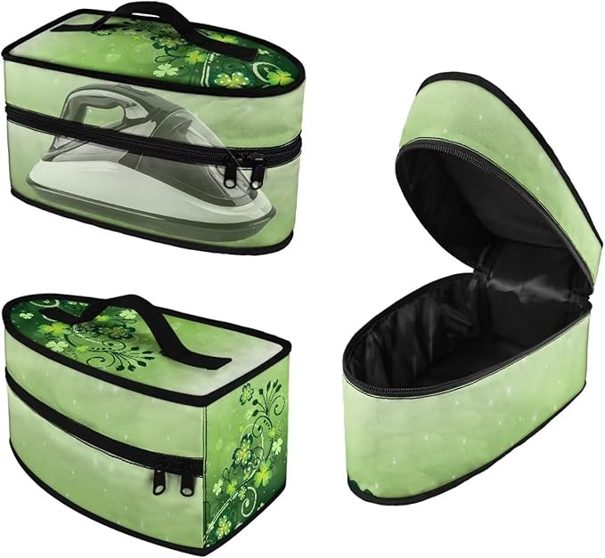 Green Lucky Leaves Design Iron Storage Case Protective Carrying Bag with Zipper Handle Portable Universal for Most Iron