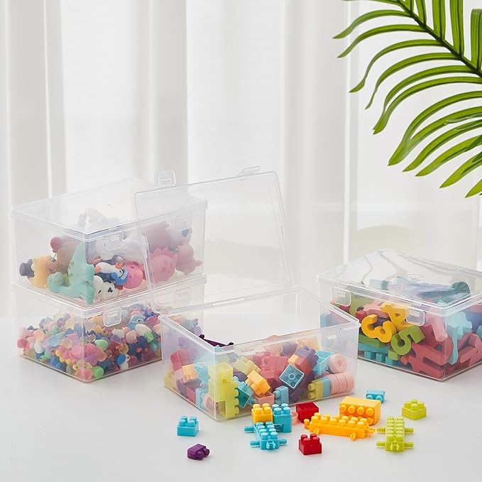 10 Pcs 7.09 x 5.2 x 3.43 Inch Clear Plastic Playroom and Gaming Storage Organizer Box Containers Stackable Storage Bins with Lids for Shelves or Cubbies, Holds Puzzles Building Blocks