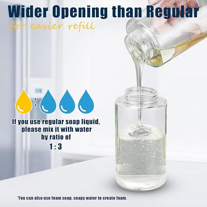 Doiliese Glass Foaming Hand Soap Dispenser, 10 oz Easy Refill Glass Soap Dispenser, Foam Dispenser with Stainless Steel Pump & Waterproof Labels, Clear Foam Soap Bottle for Bathroom Countertop
