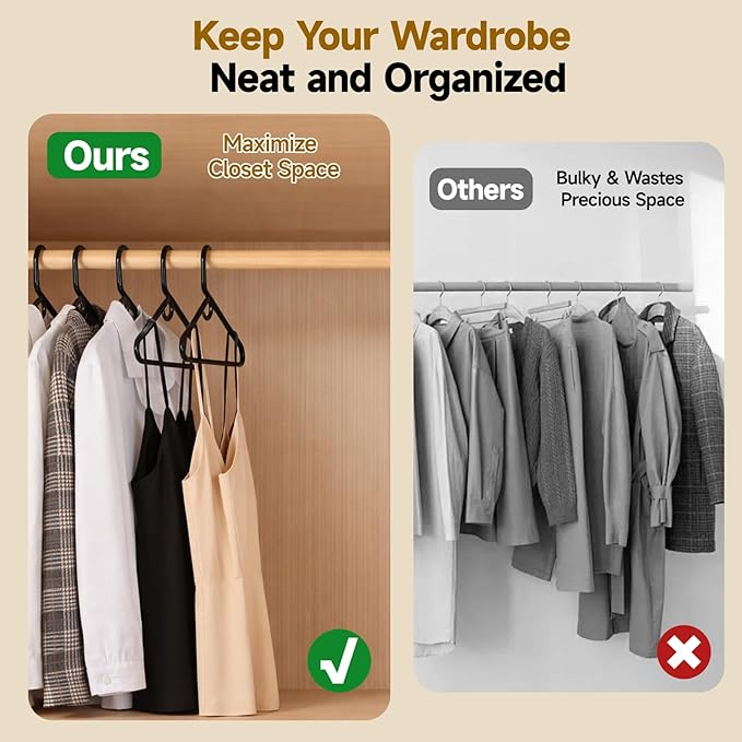 Heavy Duty Plastic Hangers 36 Pack, Black Plastic Hangers for Standard Size Clothes with Hook & Non-Slip Pants Bar for Shirts, Pants, Coat, Dresses, Jackets, Scarves and Belts