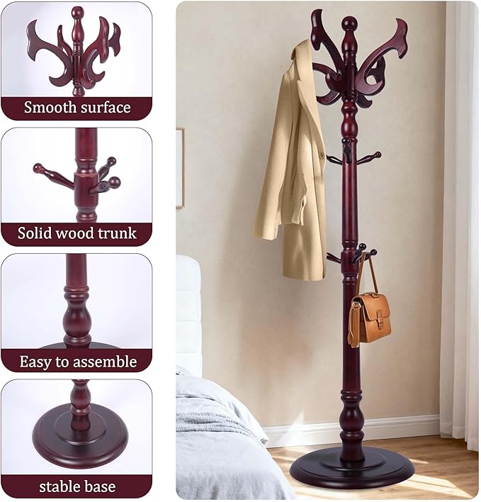 73" Wooden Coat Rack Freestanding, Coat Rack Stand With 18 Hooks And Round Solid Wood Base，Adjustable Height, Easy To Assemble For Entrance Hallway Office Living Room Bedroom (fishtail)