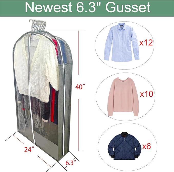 Suit Bags for Closet Storage with 6.3" Gusset, 40" Dust Proof Garment Bags for Hanging Clothes, Clear Suits Covers and Side Zipper Protector for Jacket, Coat, Sweater, Shirts, Clothing Grey/5 Packs