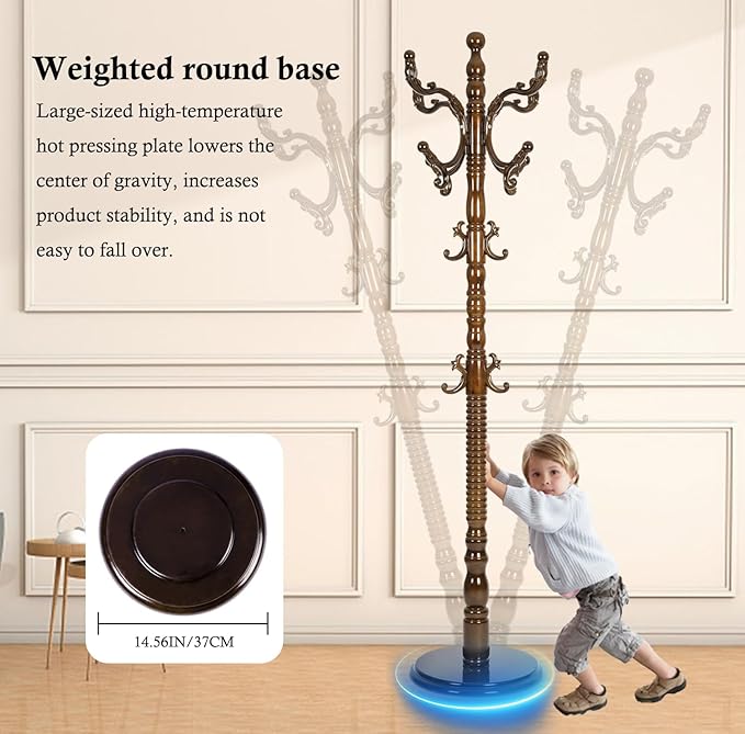 Coat Rack Stand, Solid Wooden Coat Tree with 14 Hooks, Heavy Duty Coat Rack Freestanding with Sturdy Round Base, Natural Birch Wood Coat Hanger Stand for Entryway Bedroom (Light Brown H9)