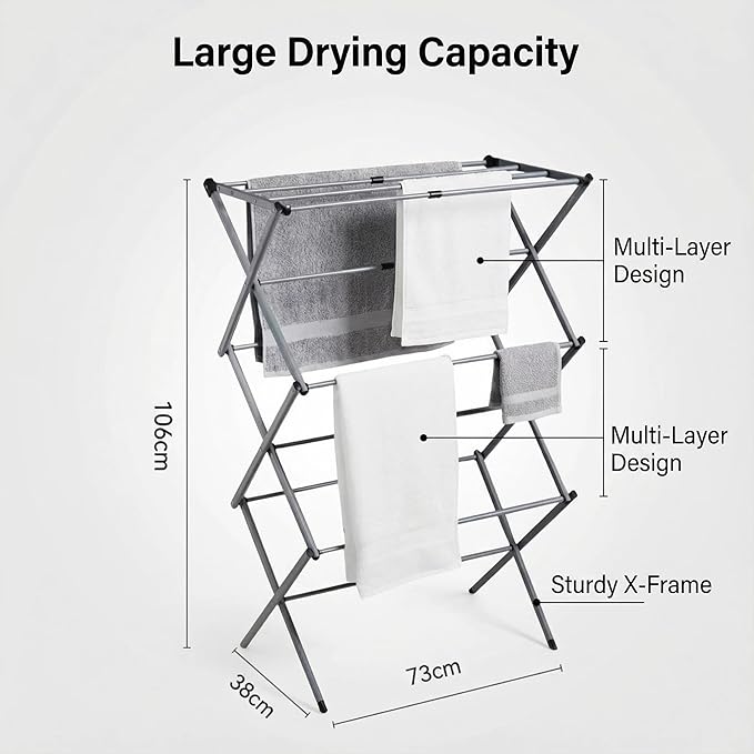 Drying Racks 3 Tier Expandable Clothes Airer Collapsible Clothes Drying Rack, Space-Saving Laundry, Hanging Clothes Indoors & Outdoors, Lightweight, Compact, Folds Away for Convenient Storage