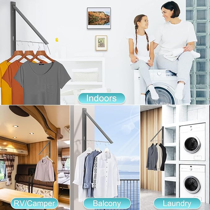 Wall Mounted Clothes Drying Rack - Foldable Space Saving Design, No Drill Installation, 65lb Heavy Duty Capacity, Rust-Proof Aluminum Alloy for Laundry Room (Gray)