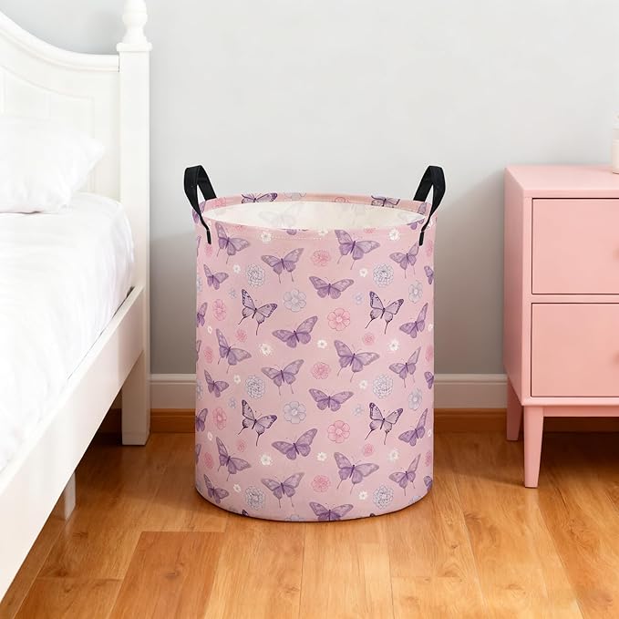 ESSME Kids Laundry Basket,Butterfly Hamper Collapsible Canvas Waterproof Storage Bin for Boys, Cute Hamper,Gift Baskets(Pink butterfly)