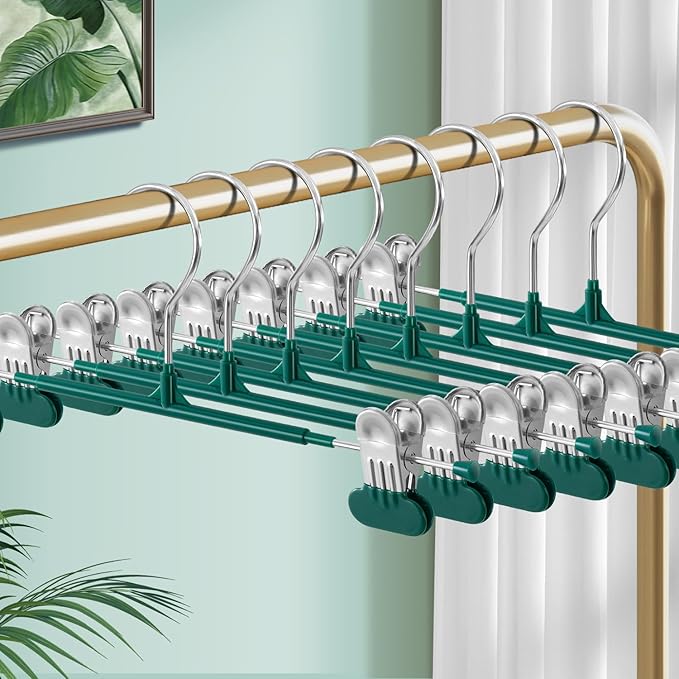 14Inch Clothes Pants Hangers with Wide Clips 20 Pack,Non-Slip Adjustable Skirt Hanger for Women,Space-Saving Heavy Duty Men Hangers for Pants,Trousers,Jeans,Shorts,Green