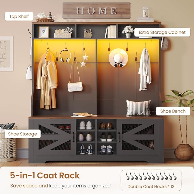 Itaar Hall Tree with Bench and Shoe Storage, 5-in-1 Entryway Bench with Coat Rack, 16 Shoe Cubbies & 12 Coat Hooks, Barn Door & Adjustable Shelf (Black)