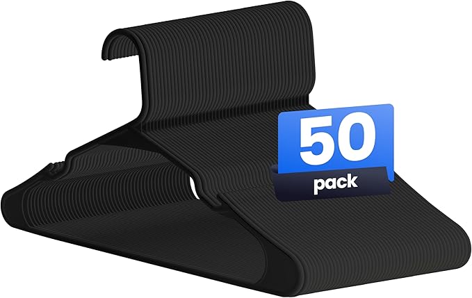 Simple Deluxe 50 Pack Plastic Hangers, Slim Space Saving Clothes Hangers for Closet Organization, Heavy Duty Coat Hanger for Pants, Suit, Shirts, Sweater, Black