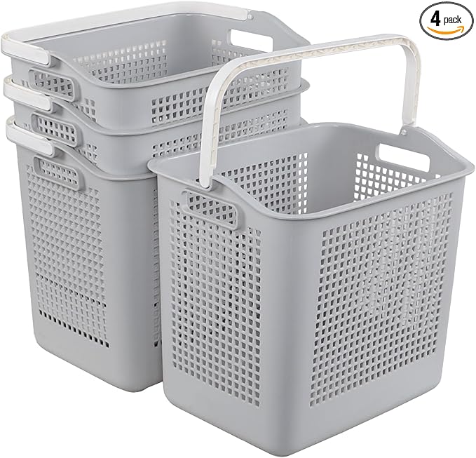 35 Liter Plastic Laundry Basket with Carry Handle, 4 Pack Clothes Hamper, Gray