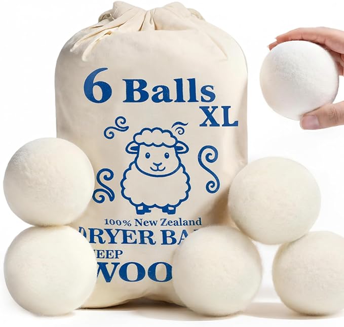 Wool Dryer Balls, New Zealand Dryer Balls Laundry Reusable Reduce Static Cling, Dryer Ball to Reduce Wrinkles & Shorten Drying Time, Drying Balls Fabric Softener Ball for Laundry（Pack of 6 XL)