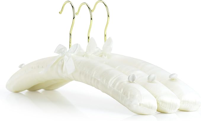 HANGERWORLD Ivory Satin Padded Hangers 17inch with Non-Slip Buttons for Strappy Dresses, Ideal Bridal Bride Hanger for Wedding