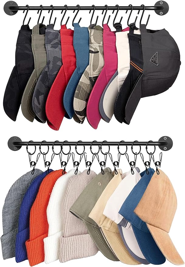 Livelab Hat Rack for Wall, Hat Organizer for Baseball Caps with 10 Hooks+10 Clips, 2 Pack Modern Metal Hat Storage Wall-Mounted Hanger Holder for Closet Door Bedroom Entryroom