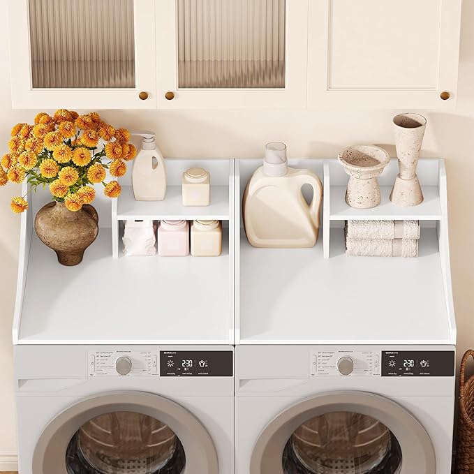 Washer Dryer Countertop Single, 27'' Wood Dryer Top Organizer 2-Tier Laundry Room Storage Shelf for Top of Washer and Dryer, White