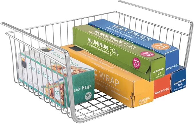 mDesign Metal Under Shelf Basket for Kitchen Storage - Wire Farmhouse Sliding Bin Basket for Pantry - Large Open Front Organizer for Food, Drinks, Snacks - Hyde Collection, 2 Pack - Chrome